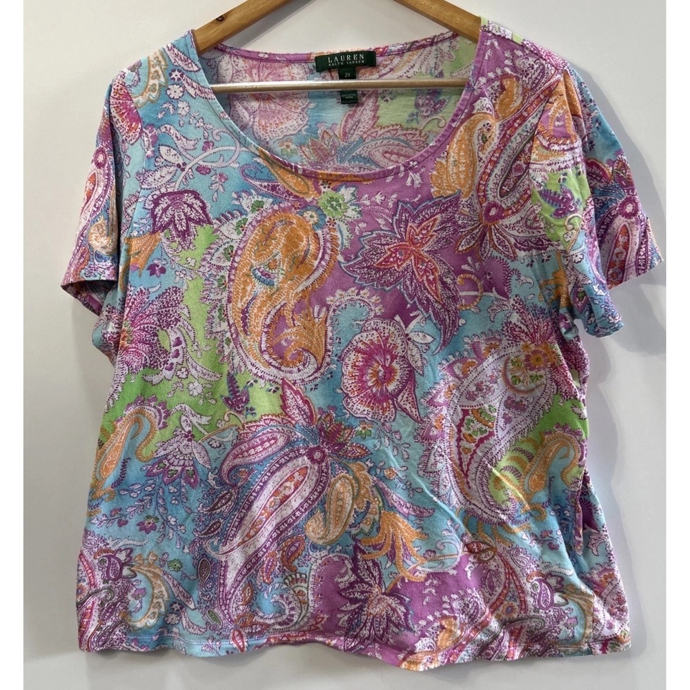 Women's Lauren Ralph Lauren LRL Paisley Short Sleeve Cotton Knit Top 2X